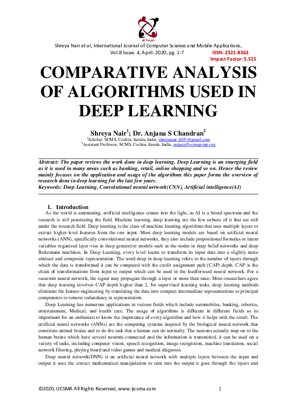 (PDF) COMPARATIVE ANALYSIS OF ALGORITHMS USED IN DEEP LEARNING