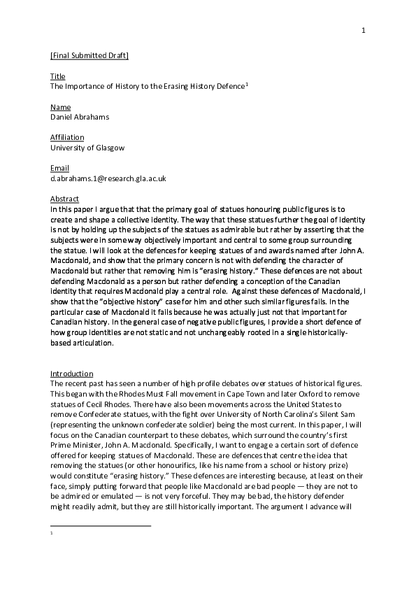 (PDF) The Importance of History to the Erasing History Defence Daniel