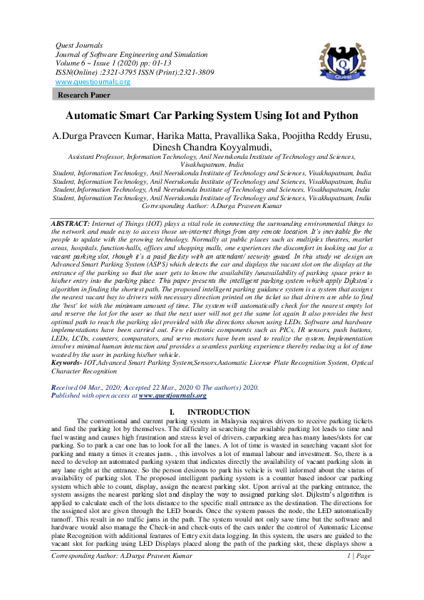 (PDF) Automatic Smart Car Parking System Using Iot and Python