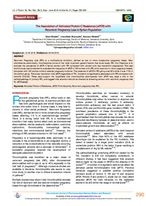 (PDF) The association of activated protein C resistance (aPCR) with