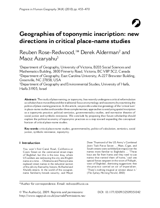 (PDF) Geographies of toponymic inscription: new directions in critical ...