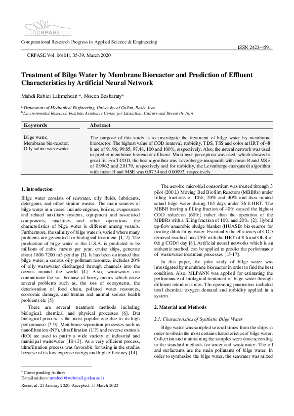 (PDF) Treatment of Bilge Water by Membrane Bioreactor and Prediction of