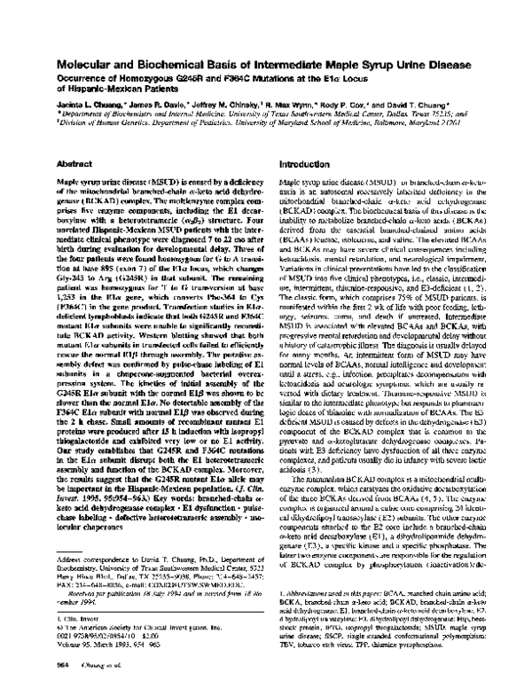 (PDF) Molecular and biochemical basis of intermediate maple syrup urine