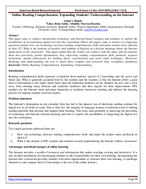 (PDF) Online Reading Comprehension Expanding Students' Understanding on the American