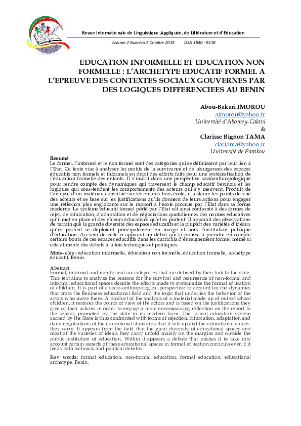 (PDF) EDUCATION INFORMELLE ET EDUCATION NON FORMELLE : L'ARCHETYPE ...