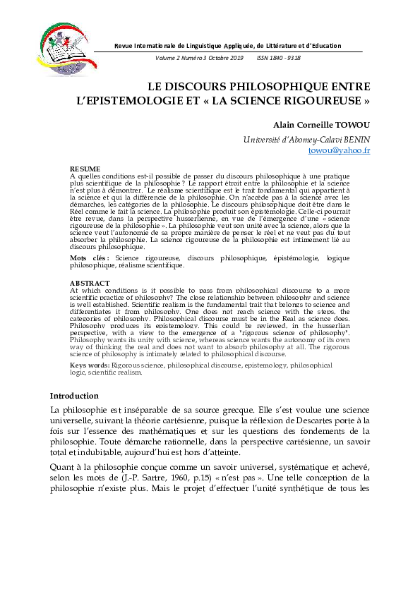 (PDF) LE DISCOURS PHILOSOPHIQUE ENTRE L'EPISTEMOLOGIE ET « LA SCIENCE