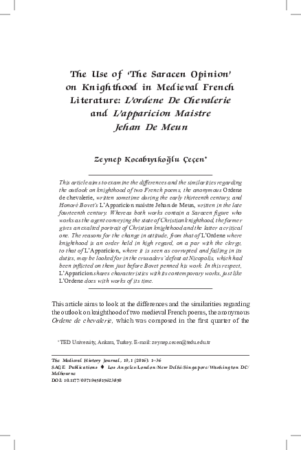 The Use of 'The Saracen Opinion' on Knighthood in Medieval French Literature: L'ordene De Chevalerie and L'apparicion Maistre Jehan De Meun