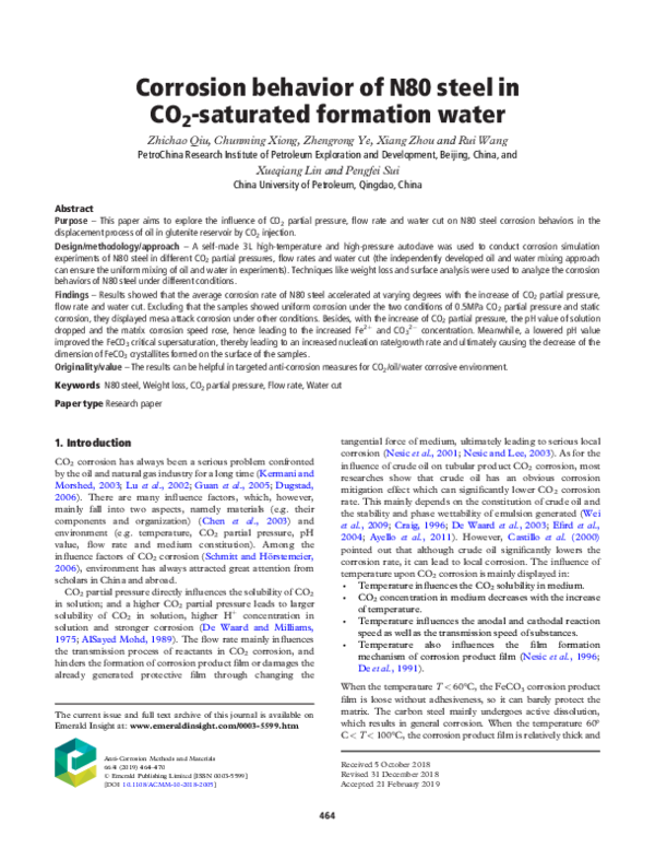 (PDF) Corrosion behavior of N80 steel in CO 2 -saturated formation water