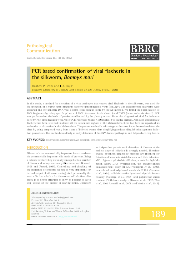 (PDF) PCR based confirmation of viral Flacherie in the silkworm, Bombyx ...