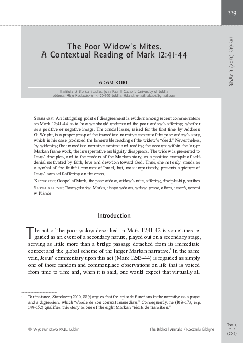 (PDF) The Poor Widow’s Mites. A Contextual Reading of Mark 12:41-44