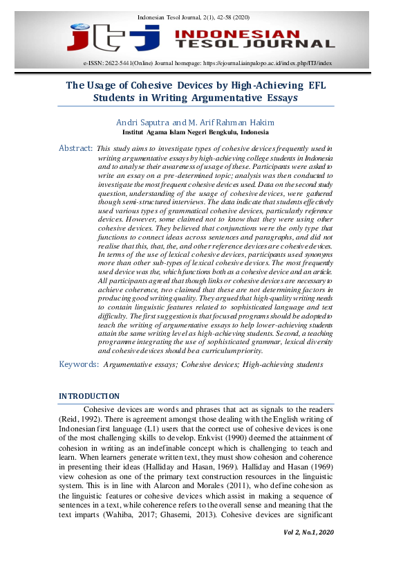 (PDF) The Usage of Cohesive Devices by High-Achieving EFL Students in ...