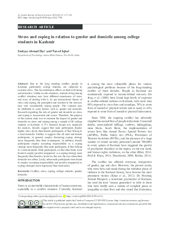 (PDF) Stress and coping in relation to gender and domicile among ...