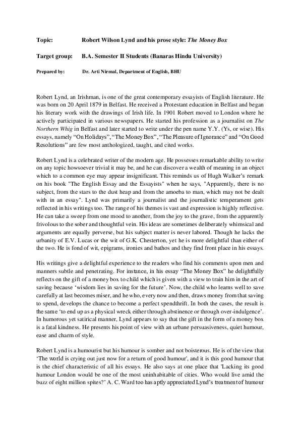 (PDF) Robert Lynd the money box ARTI NIRMAL Academia.edu