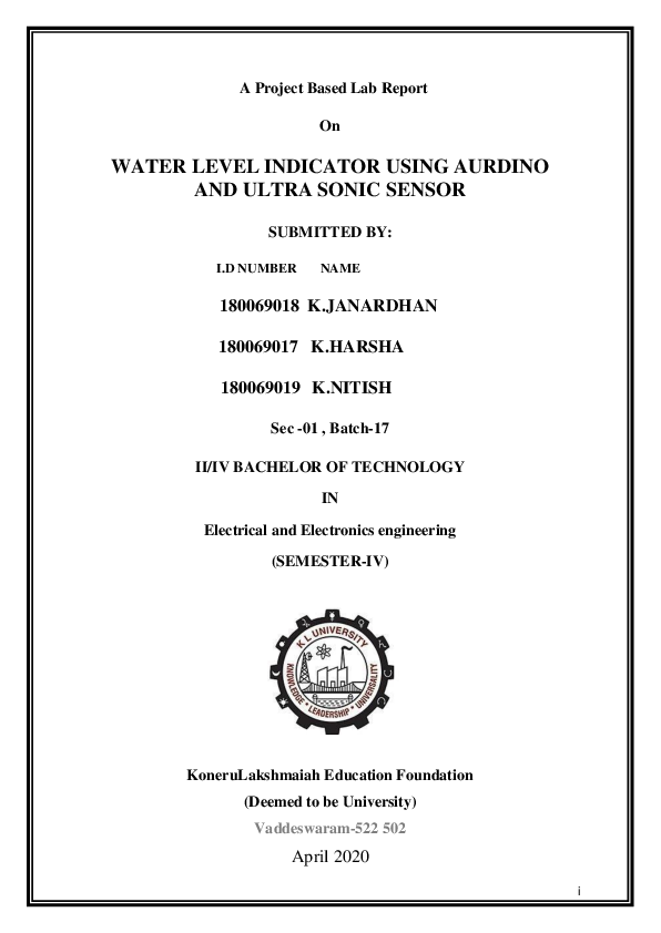 (PDF) A ProjectBased Lab Report WATER LEVEL INDICATOR USING AURDINO