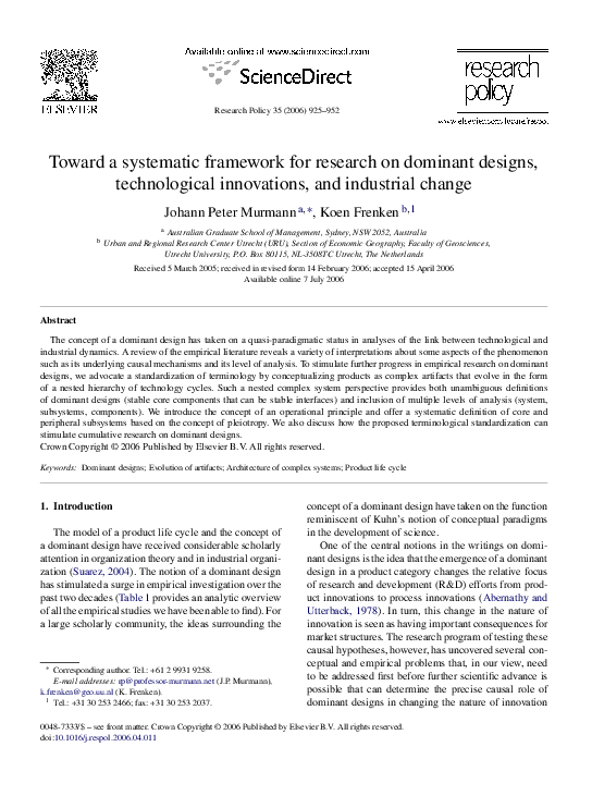 (PDF) Toward a systematic framework for research on dominant designs ...