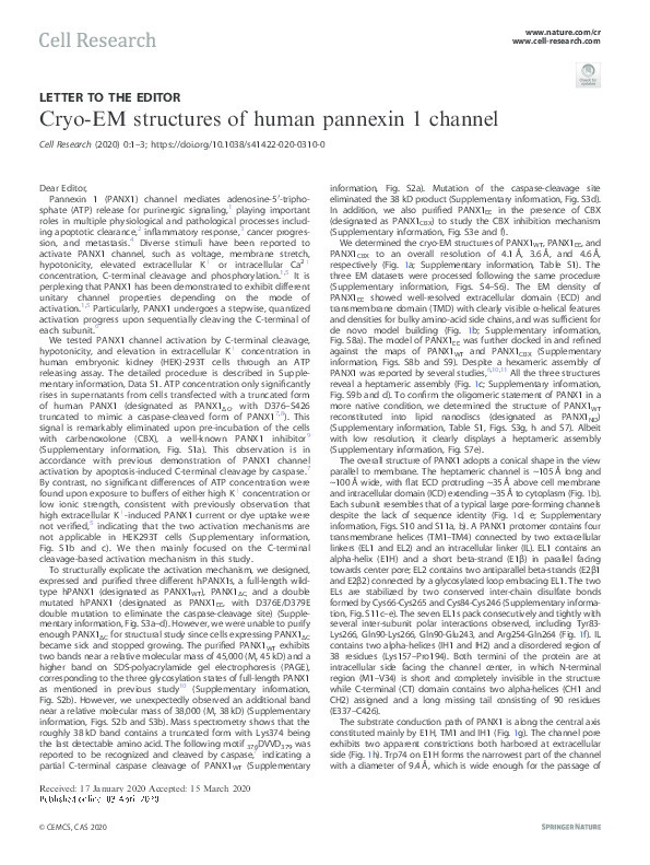 (PDF) Cryo-EM structures of human pannexin 1 channel