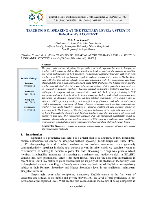 (PDF) TEACHING EFL SPEAKING AT THE TERTIARY LEVEL: A STUDY IN ...