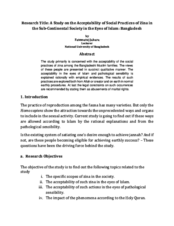 Pdf A Study On The Acceptability Of Social Practices Of Zina In The Sub Continental Society In The Eyes Of Islam Bangladesh Fatematuj Khanam Academia Edu