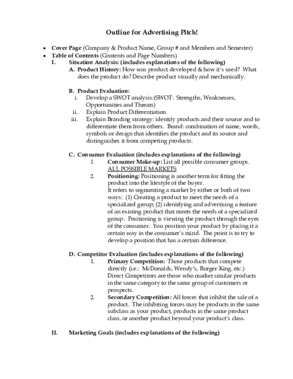 Outline For A Pitch