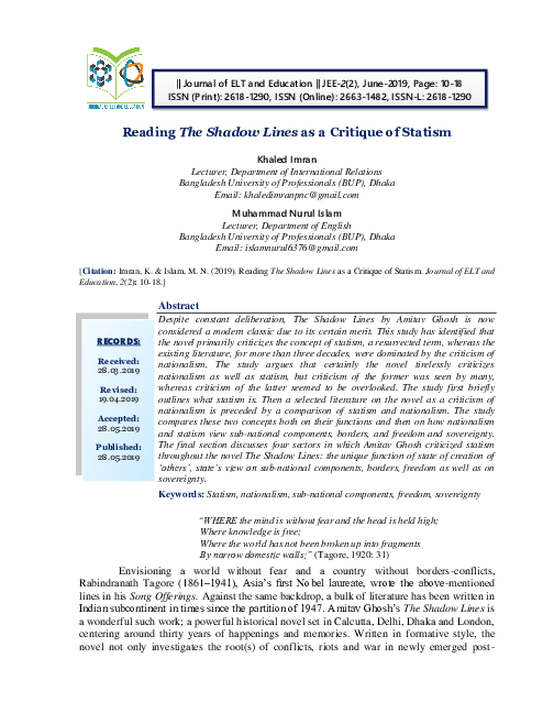 (PDF) Reading The Shadow Lines as a Critique of Statism Jounal of ELT