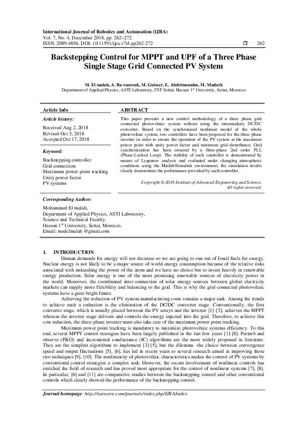 (PDF) Backstepping Control for MPPT and UPF of a Three Phase Single ...