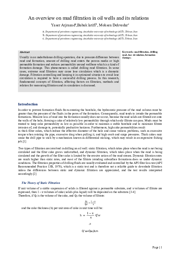(PDF) An overview on mud filtration in oil wells and its relations