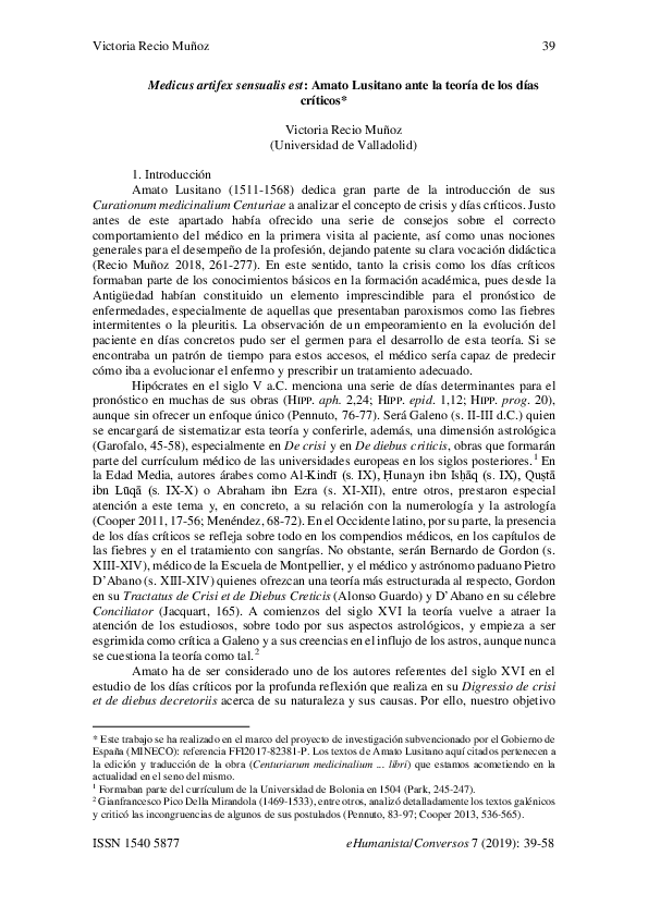 Medicus artifex sensualis est: Amato Lusitano ante la teoria de los dias criticos