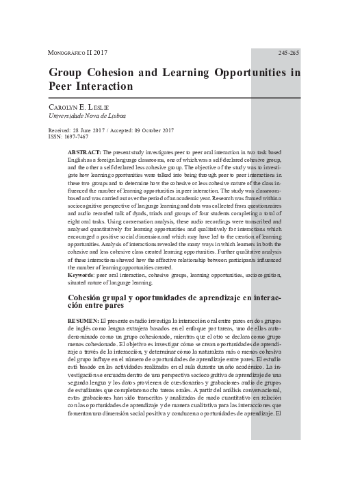 (PDF) Group Cohesion and Learning Opportunities in Peer Interaction