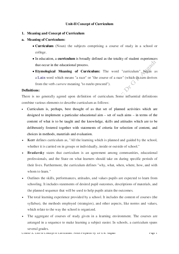 (PDF) Unit-II Concept of Curriculum