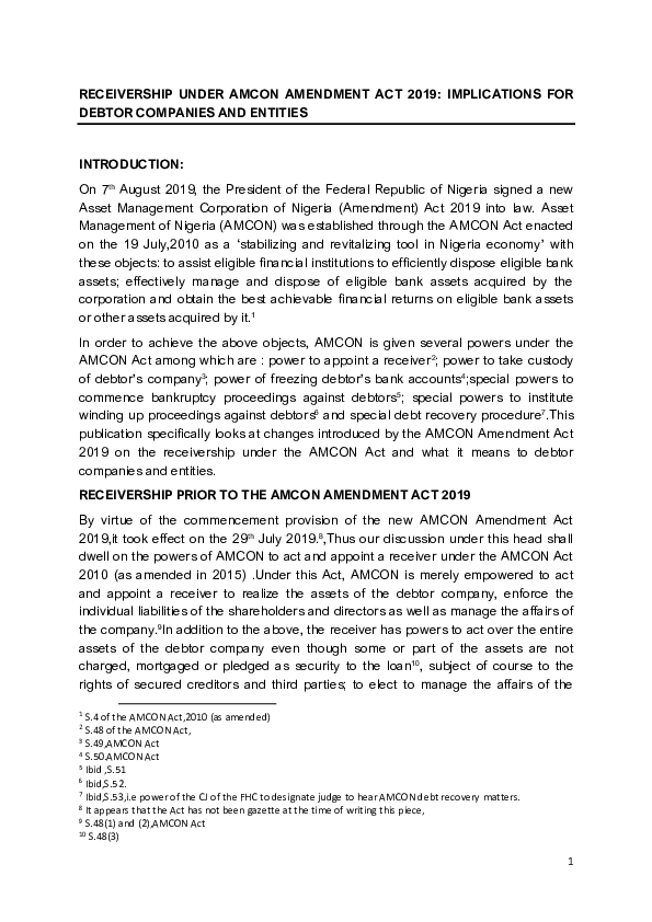 (PDF) RECEIVERSHIP UNDER AMCON AMENDMENT ACT 2019 IMPLICATIONS FOR