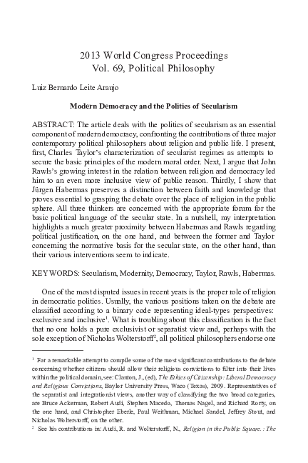 (PDF) Modern democracy and the politics of secularism