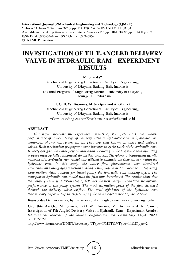 (PDF) INVESTIGATION OF TILTANGLED DELIVERY VALVE IN HYDRAULIC RAM
