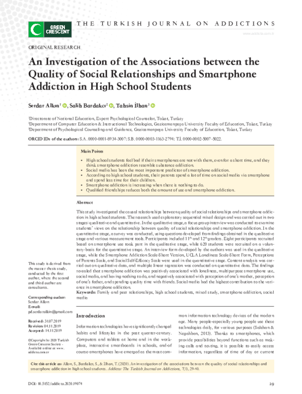 (PDF) Quality of Social Relationships and Smartphone Addiction in High ...