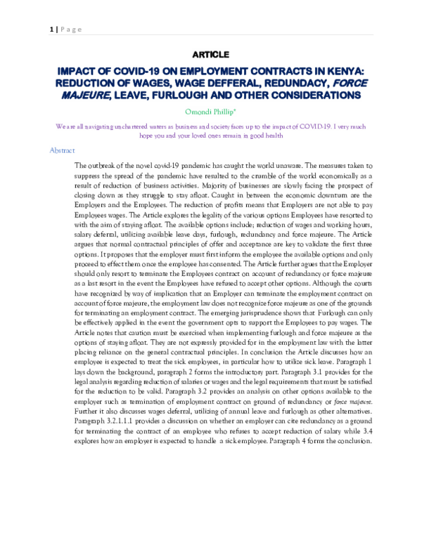 (PDF) IMPACT OF COVID-19 ON EMPLOYMENT CONTRACTS IN KENYA: REDUCTION OF ...