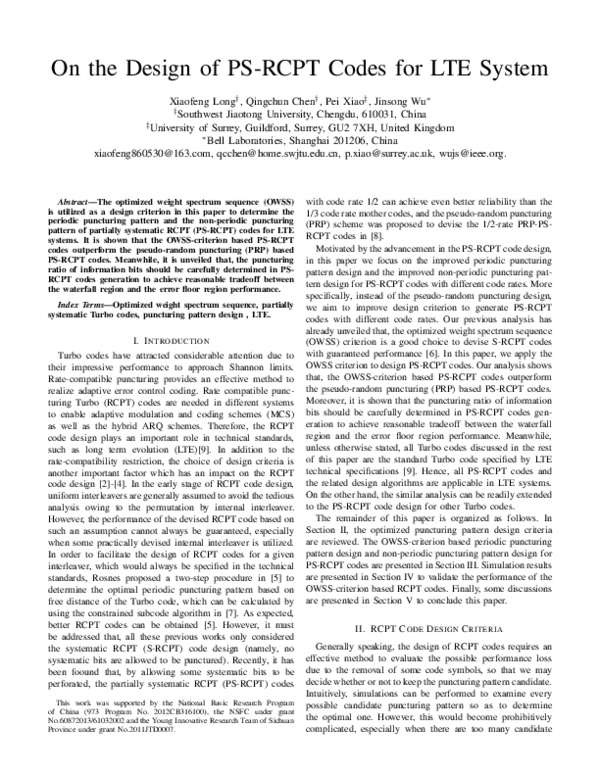 (PDF) On the design of PS-RCPT codes for LTE system