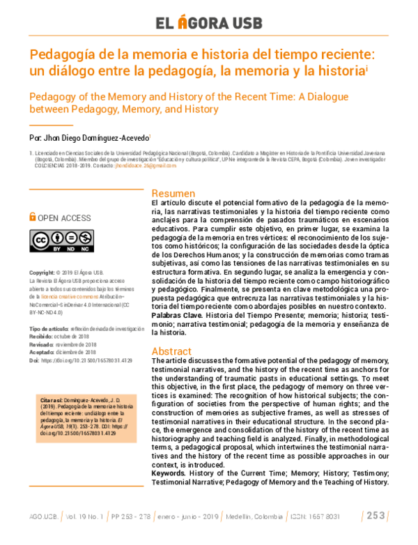 Pdf Pedagogía De La Memoria E Historia Del Tiempo Reciente Un