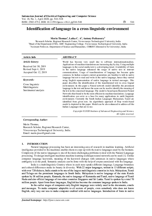 (PDF) Identification of language in a cross linguistic environment