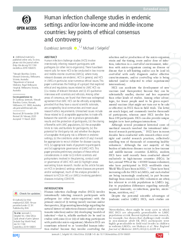 (PDF) Human infection challenge studies in endemic settings and/or low ...