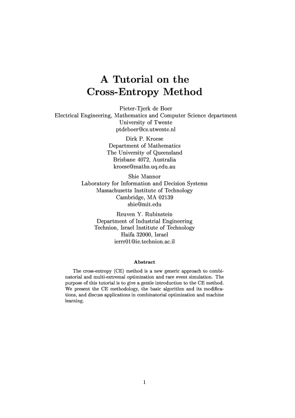 (PDF) P. T. de Boer, D.P.Kroese, S.Mannor, R.Y.Rubinstein A tutorial on ...