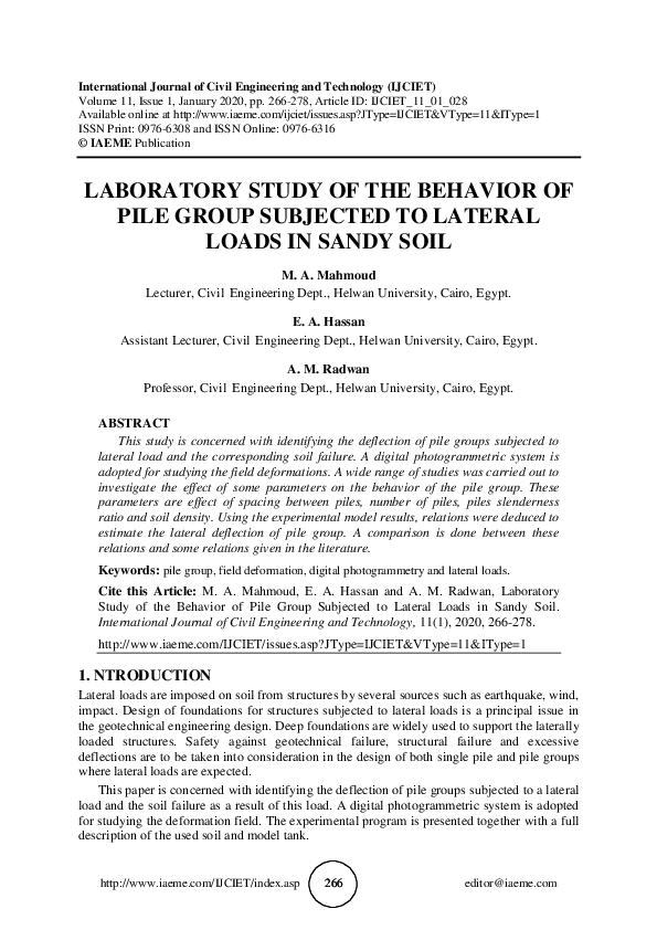 (PDF) LABORATORY STUDY OF THE BEHAVIOR OF PILE GROUP SUBJECTED TO ...