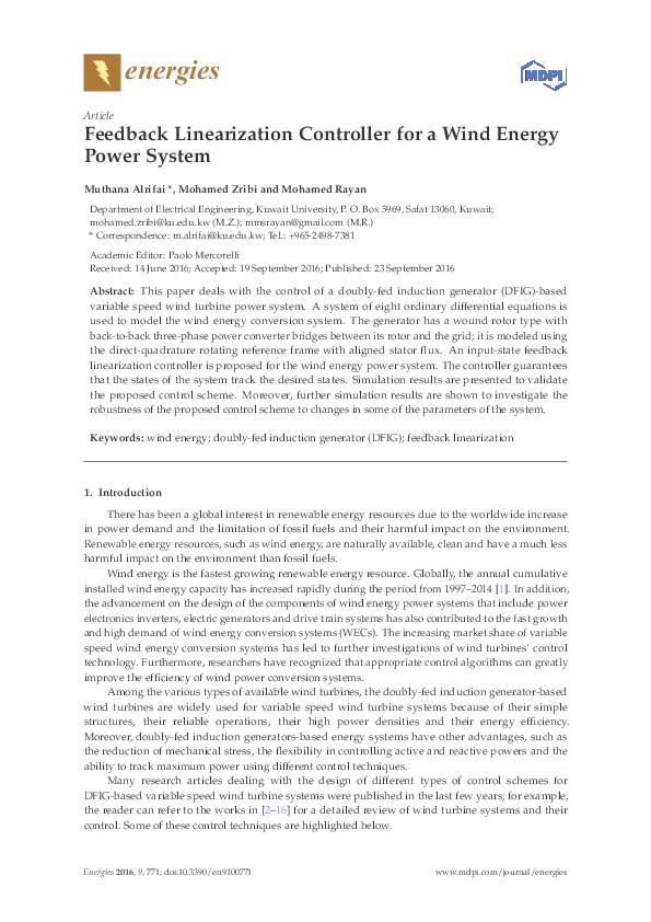 (PDF) Feedback Linearization Controller for a Wind Energy Power System