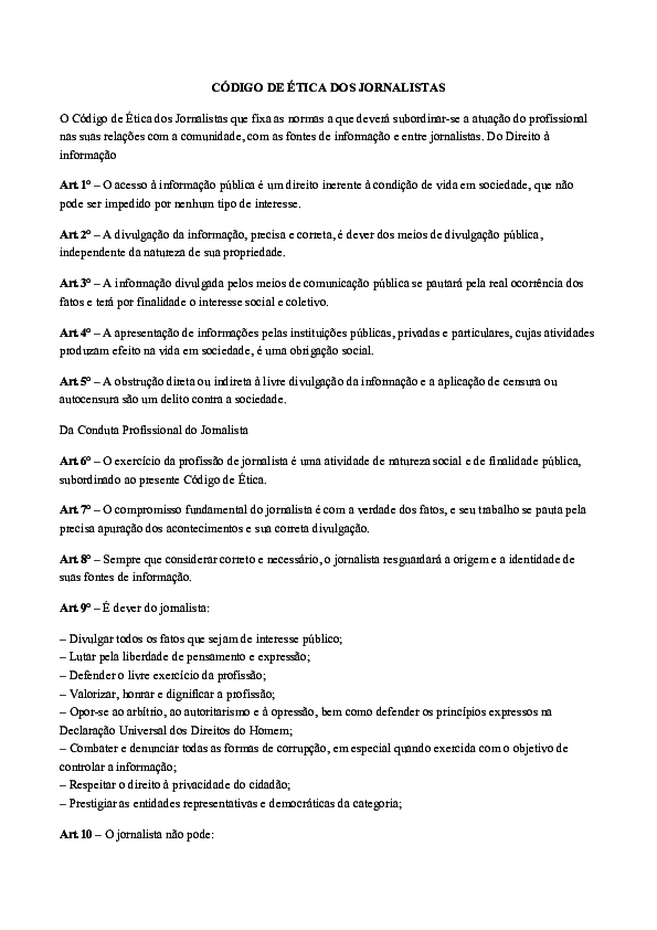 (DOC) CÓDIGO DE ÉTICA DOS JORNALISTAS