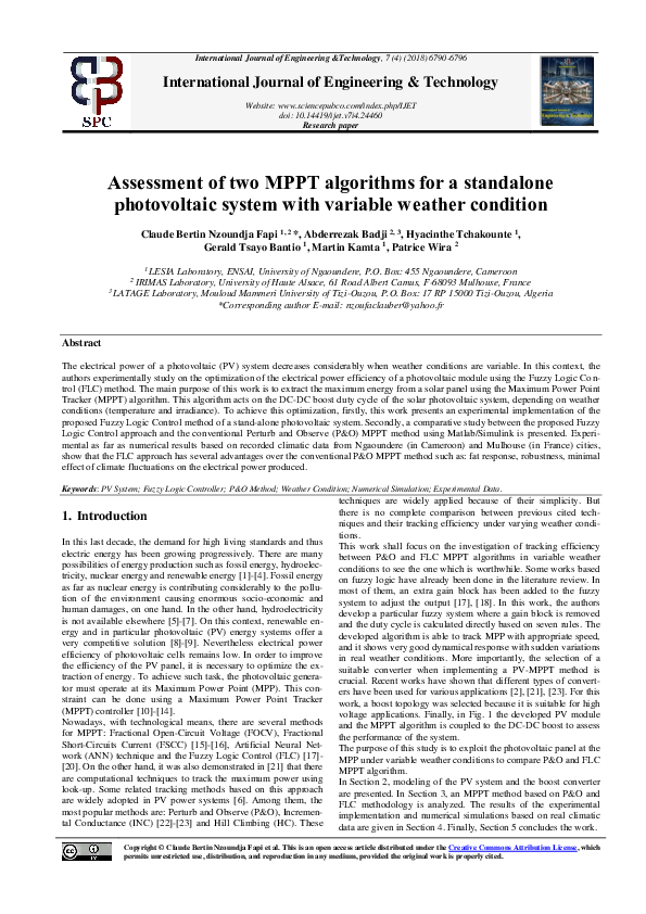 (PDF) Assessment of two MPPT algorithms for a standalone photovoltaic ...
