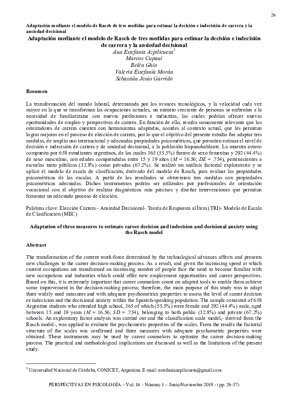 (PDF) Adaptación mediante el modelo de Rasch de tres medidas para ...