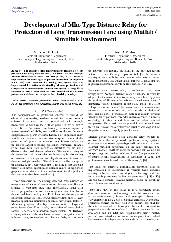 (PDF) IJERTDevelopment of Mho Type Distance Relay for Protection of