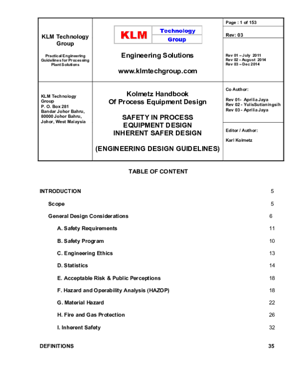 (PDF) SAFETY IN PROCESS EQUIPMENT DESIGN INHERENTLY SAFER DESIGN