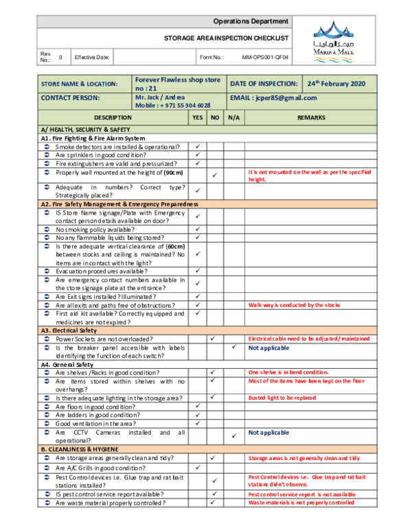 (PDF) Operations Department STORAGE AREA INSPECTION CHECKLIST
