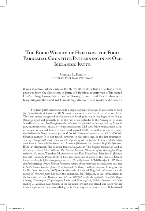 The Eddic Wisdom of Hreiðarr the Fool: Paroemial Cognitive Patterning in an Old Icelandic Þáttr