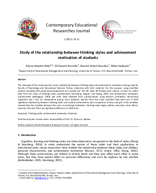 (PDF) Study of the relationship between thinking styles and achievement ...