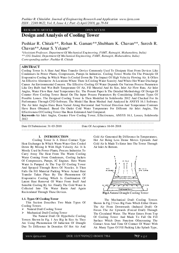 (PDF) Design and Analysis of Cooling Tower IJERA Journal Academia.edu
